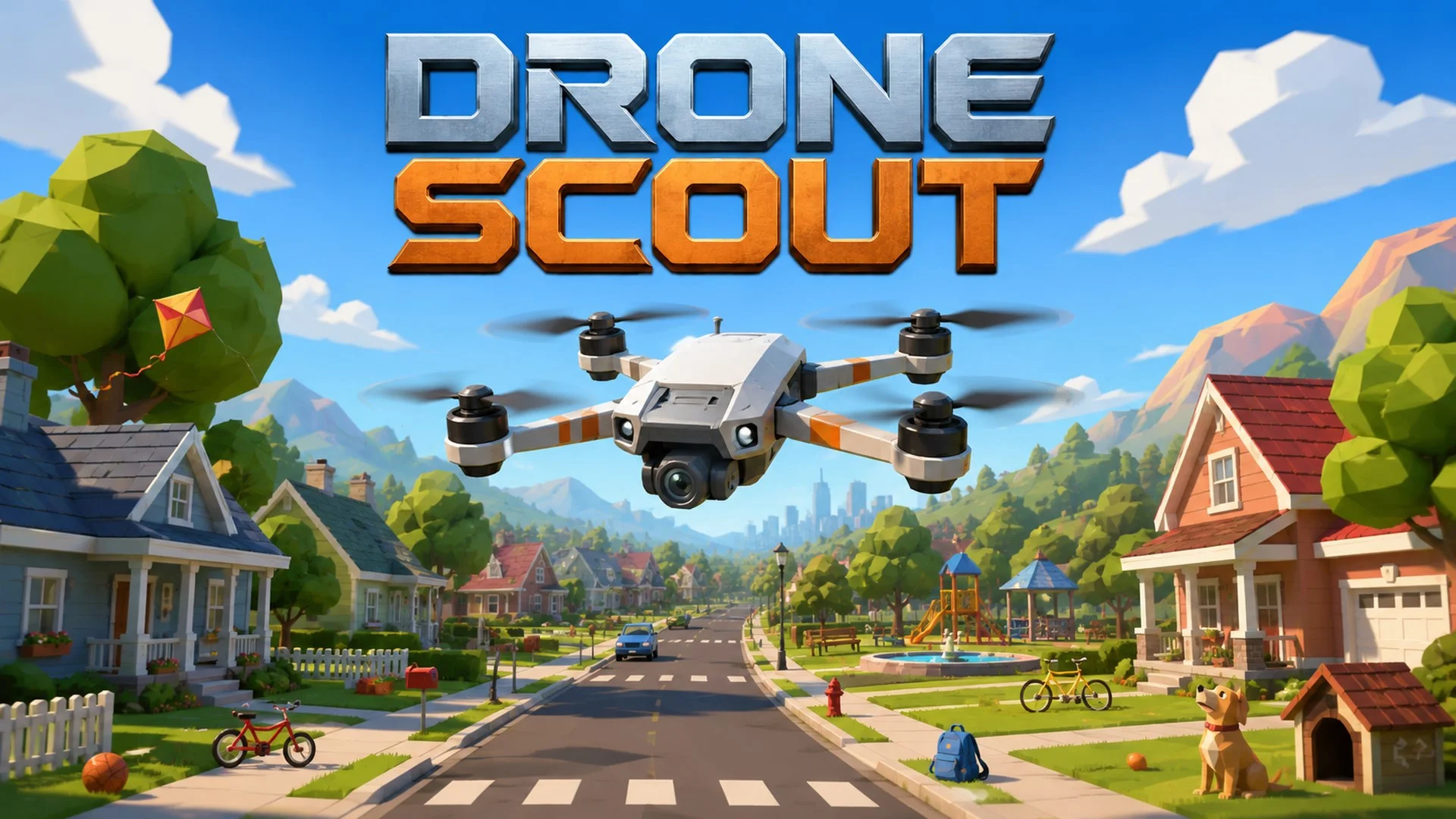 Drone Scout key art: a small drone over a bright neighbourhood