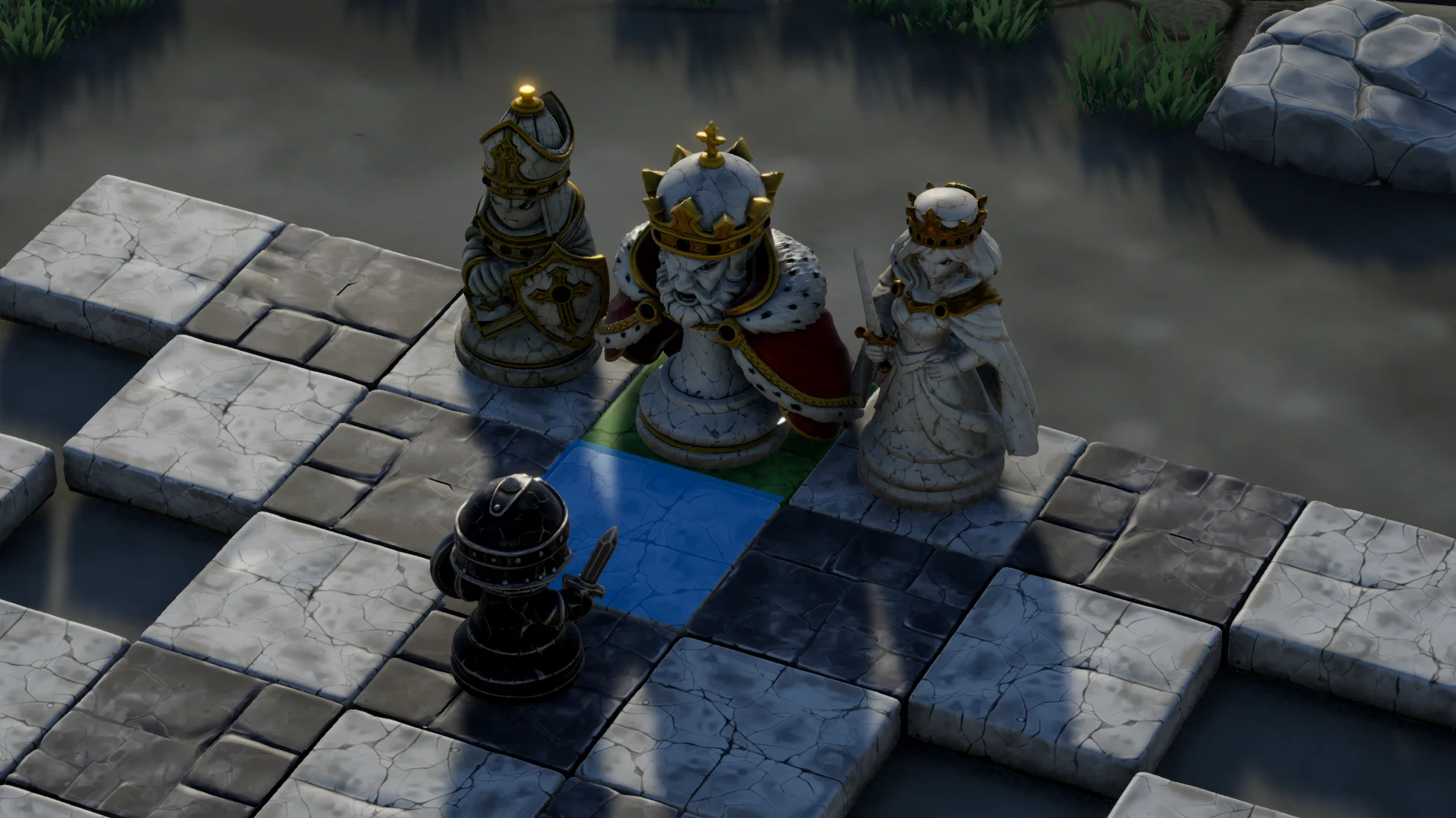 The White King, Queen and Bishop on a stone board, with a black pawn closing in