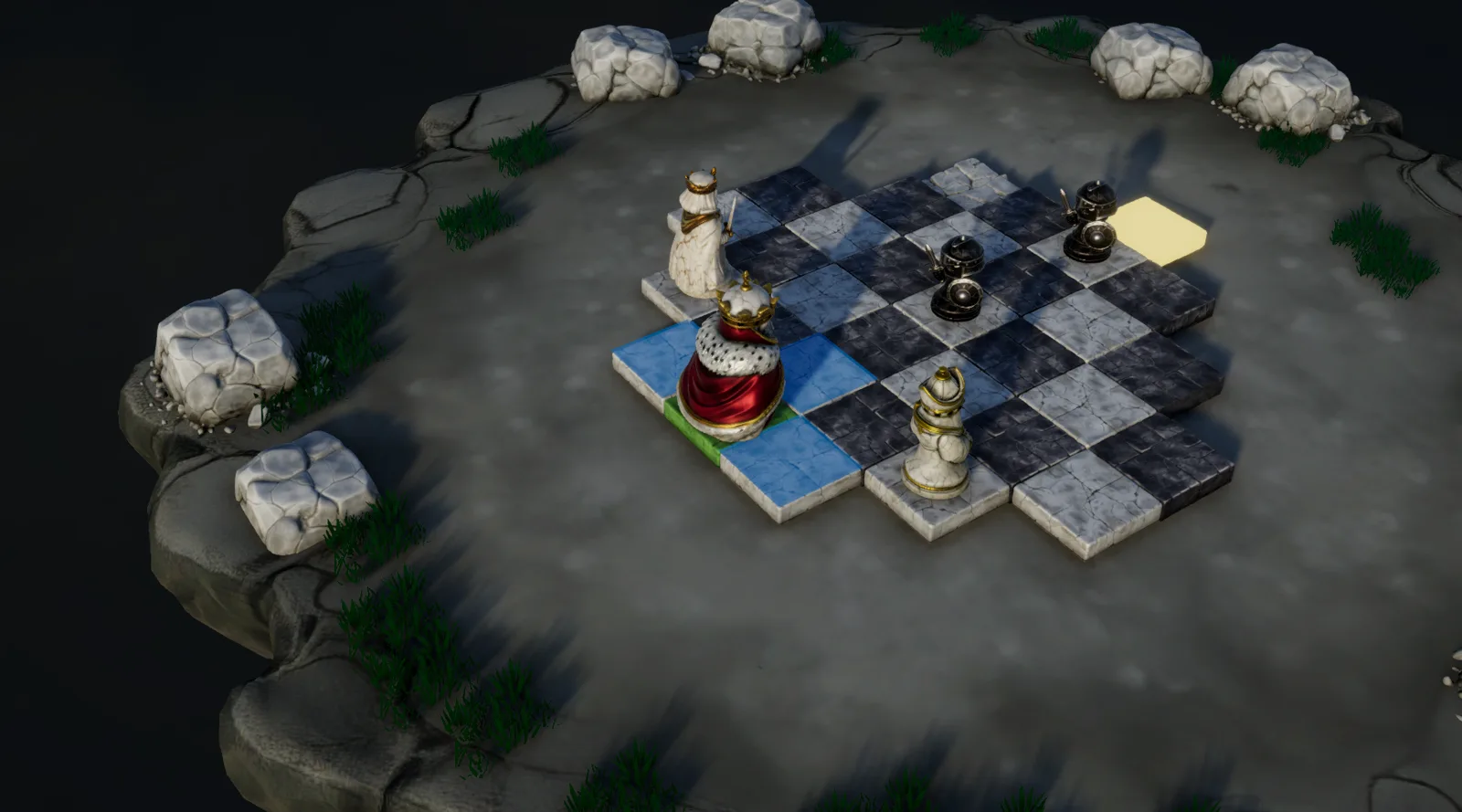 A small chessboard on a rocky island, with the White King and a Bishop facing black pawns