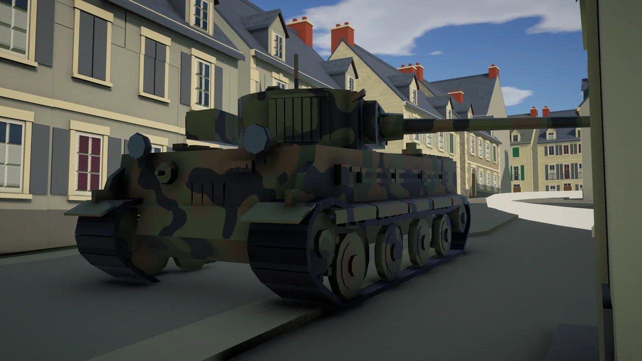 Armor Heads: a camouflaged Tiger tank in a town street